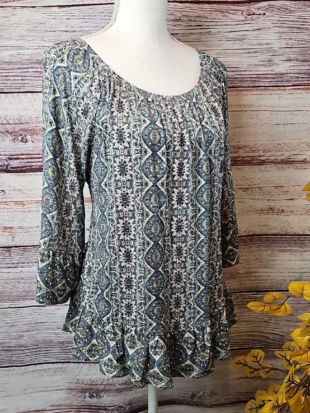 NWT STYLE & CO OLIVE STRIPE 3/4 BELL SLEEVE BOHEMIAN INSPIRED PULLOVER BLOUSE